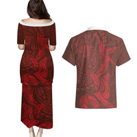 Hawaiian Monk Seal and Whale Couples Matching Puletasi and Hawaiian Shirt Kakau Tribal Pattern Red Color