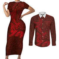 Hawaiian Monk Seal and Whale Couples Matching Short Sleeve Bodycon Dress and Long Sleeve Button Shirt Kakau Tribal Pattern Red Color