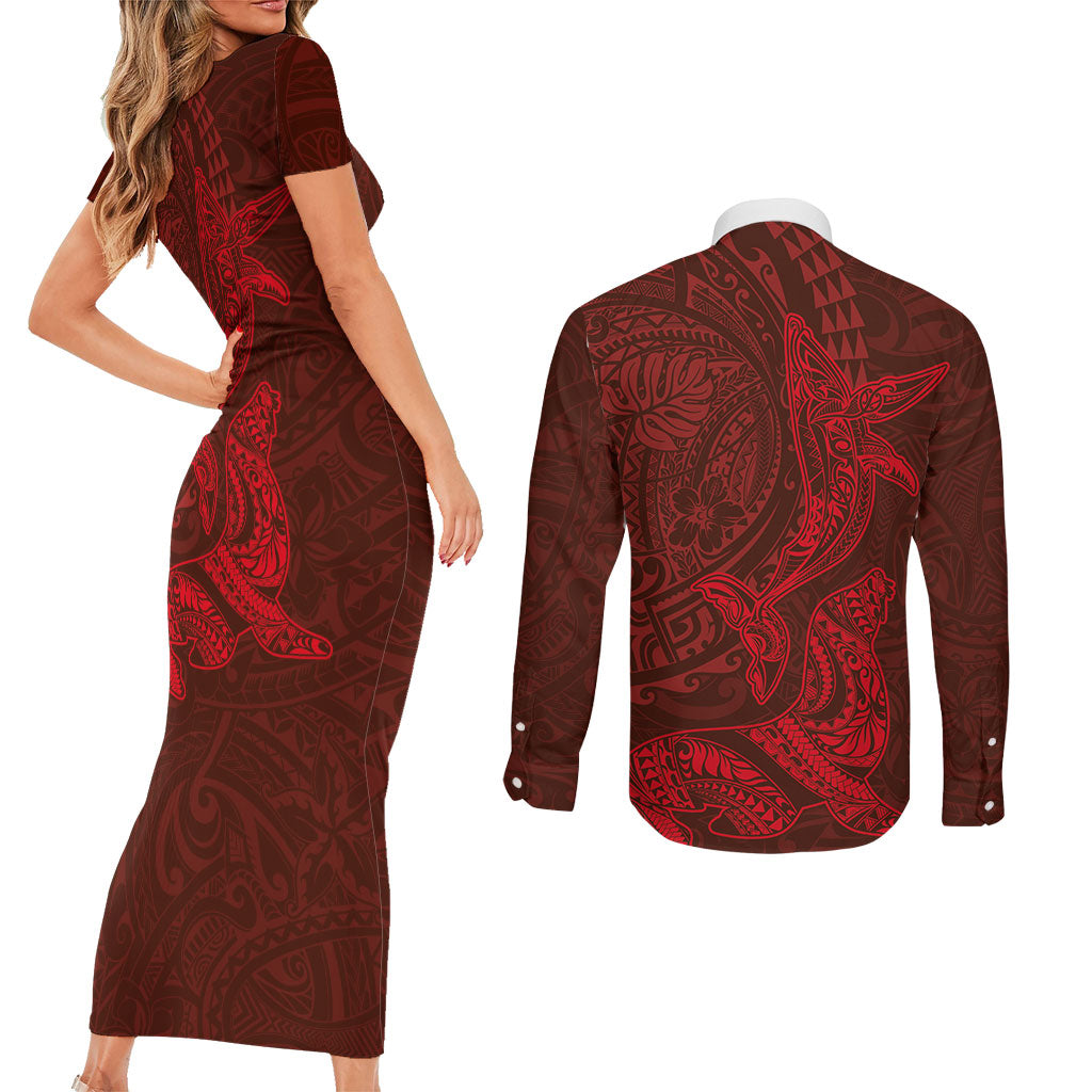 Hawaiian Monk Seal and Whale Couples Matching Short Sleeve Bodycon Dress and Long Sleeve Button Shirt Kakau Tribal Pattern Red Color