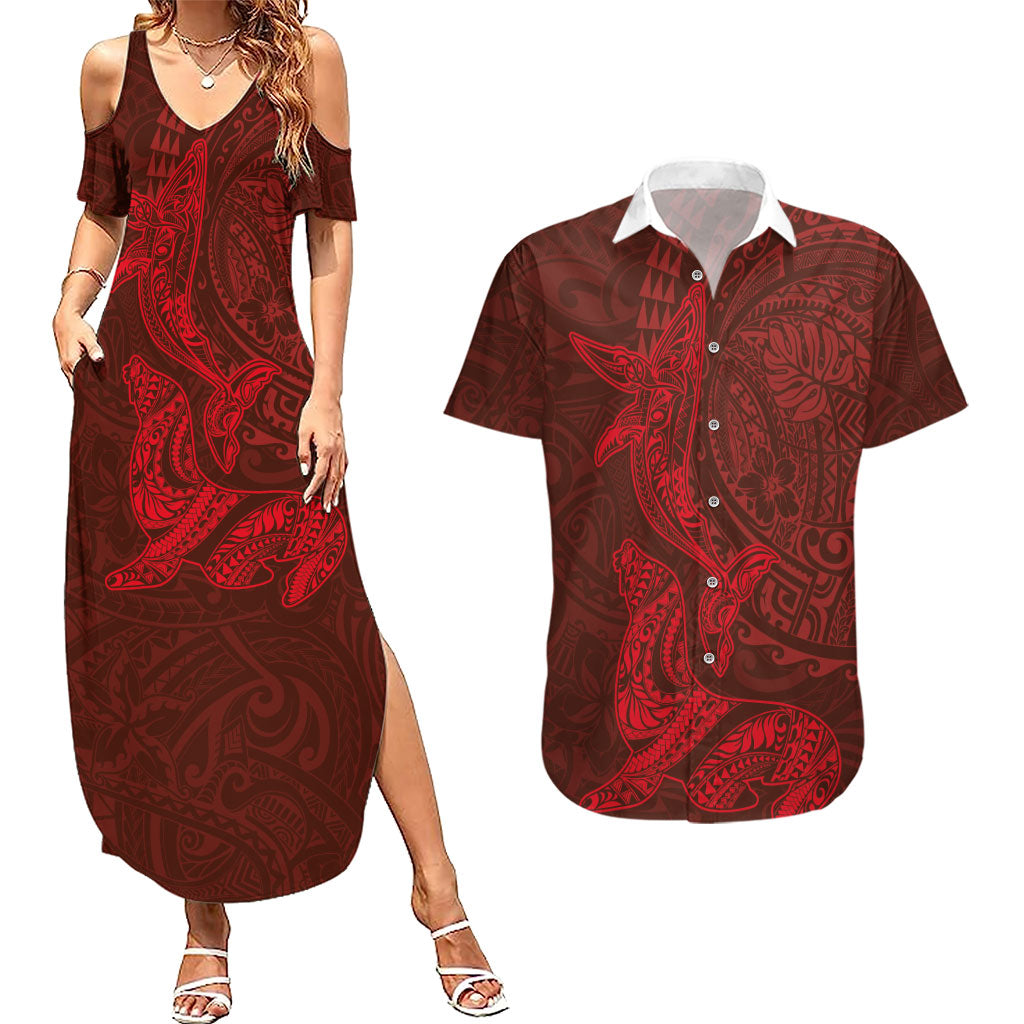 Hawaiian Monk Seal and Whale Couples Matching Summer Maxi Dress and Hawaiian Shirt Kakau Tribal Pattern Red Color