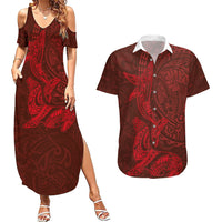 Hawaiian Monk Seal and Whale Couples Matching Summer Maxi Dress and Hawaiian Shirt Kakau Tribal Pattern Red Color