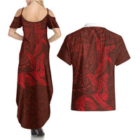 Hawaiian Monk Seal and Whale Couples Matching Summer Maxi Dress and Hawaiian Shirt Kakau Tribal Pattern Red Color