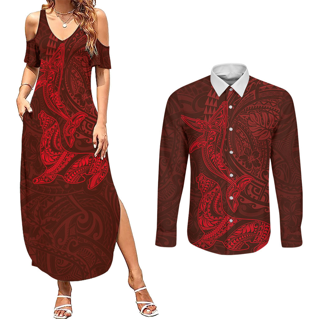 Hawaiian Monk Seal and Whale Couples Matching Summer Maxi Dress and Long Sleeve Button Shirt Kakau Tribal Pattern Red Color