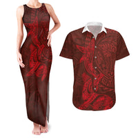Hawaiian Monk Seal and Whale Couples Matching Tank Maxi Dress and Hawaiian Shirt Kakau Tribal Pattern Red Color