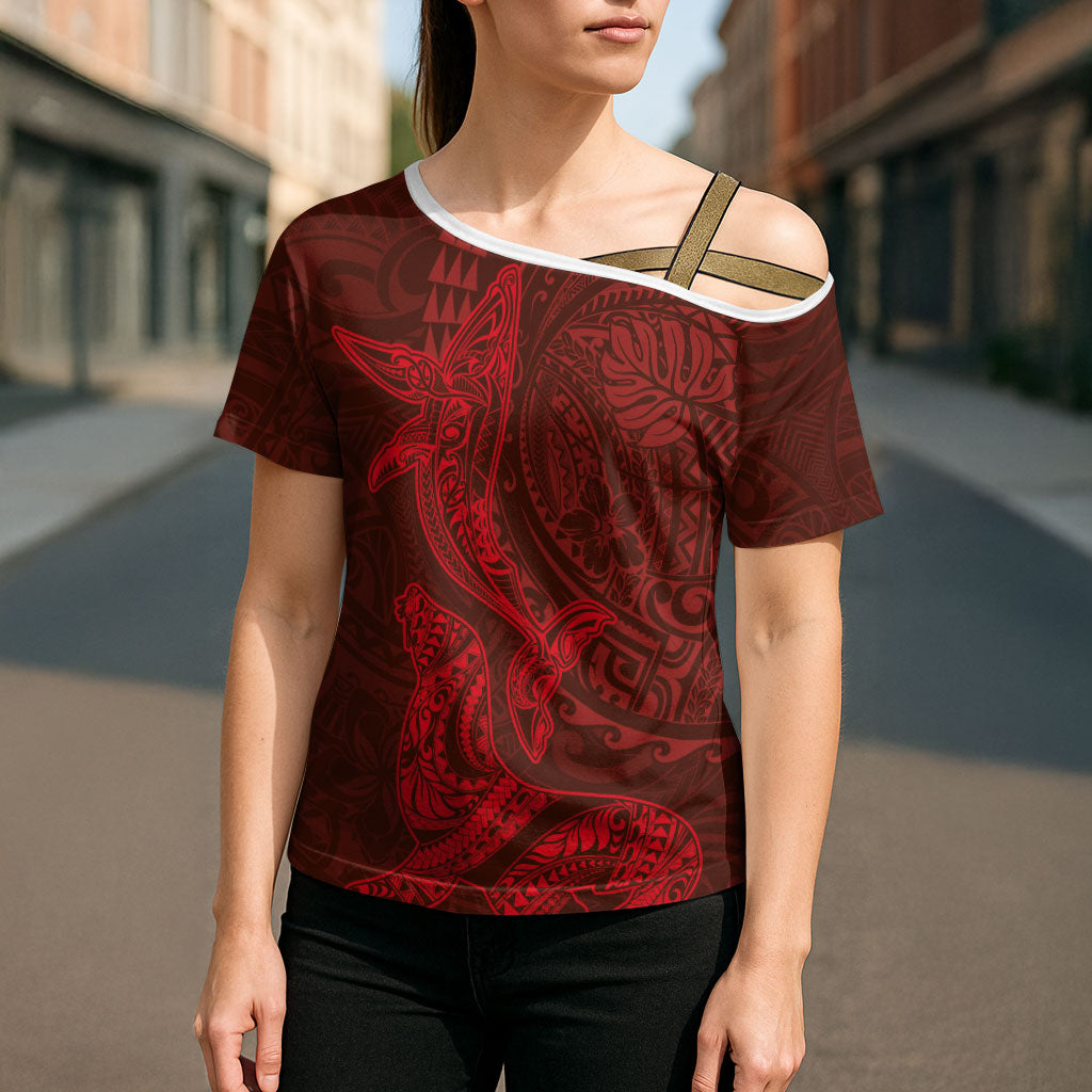 Hawaiian Monk Seal and Whale Cross Shoulder Shirt Kakau Tribal Pattern Red Color