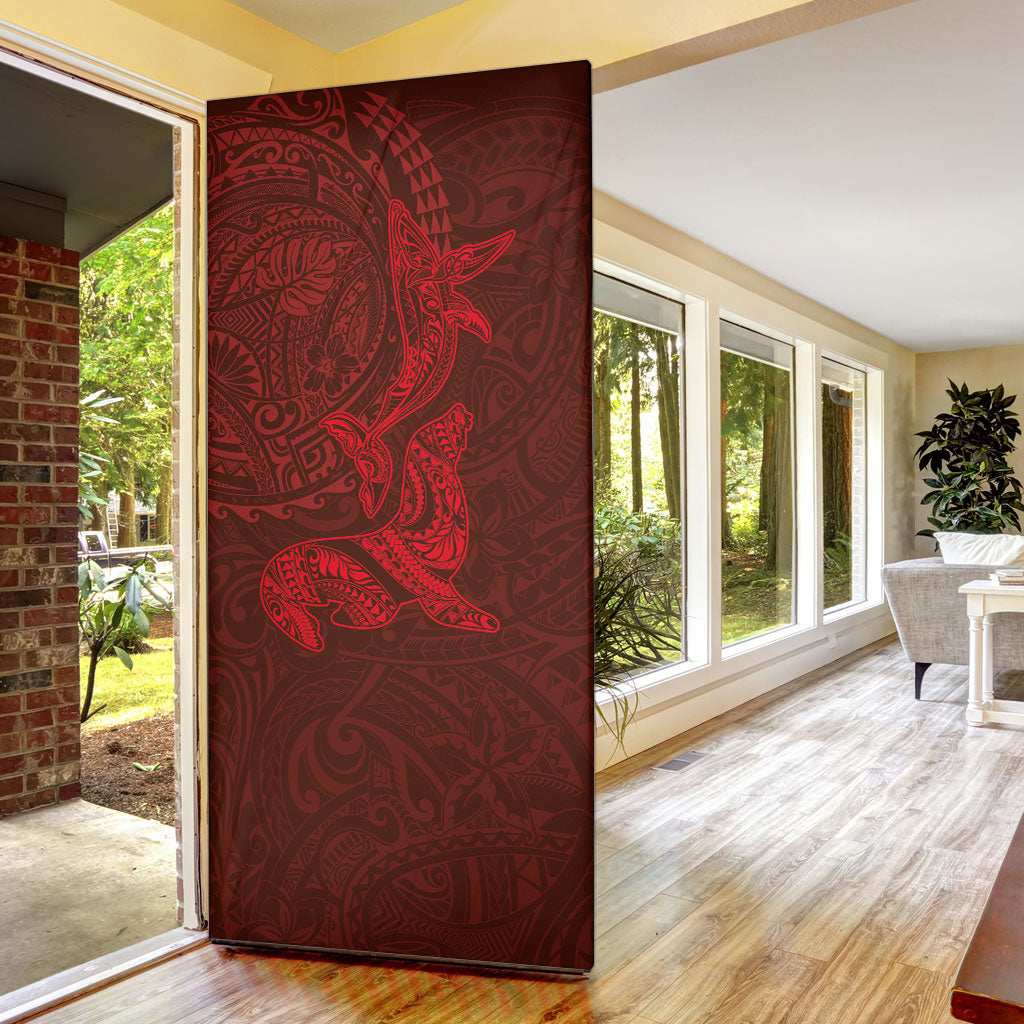 Hawaiian Monk Seal and Whale Door Cover Kakau Tribal Pattern Red Color