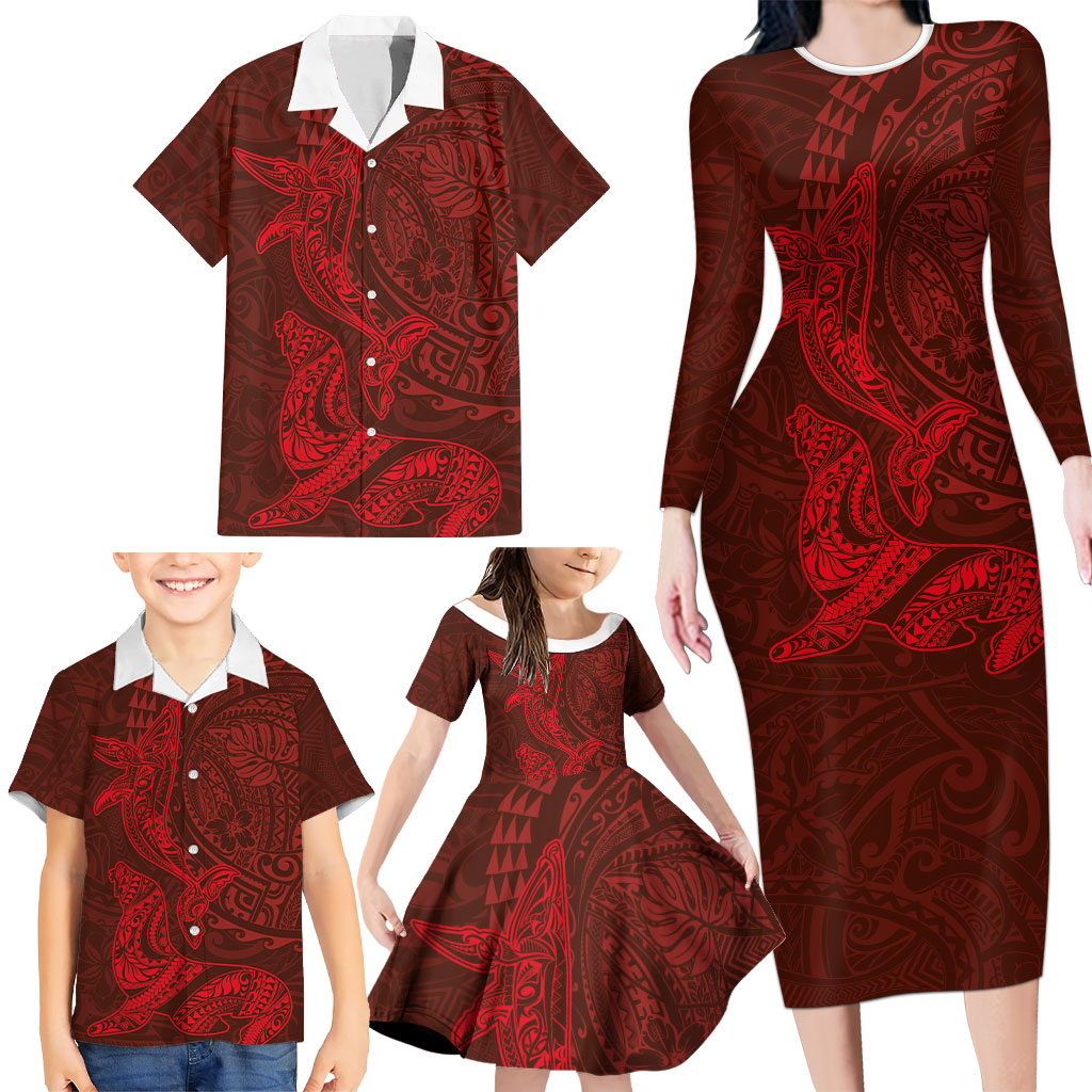 Hawaiian Monk Seal and Whale Family Matching Long Sleeve Bodycon Dress and Hawaiian Shirt Kakau Tribal Pattern Red Color