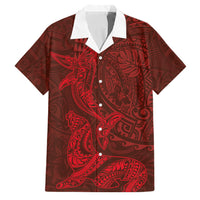 Hawaiian Monk Seal and Whale Family Matching Long Sleeve Bodycon Dress and Hawaiian Shirt Kakau Tribal Pattern Red Color
