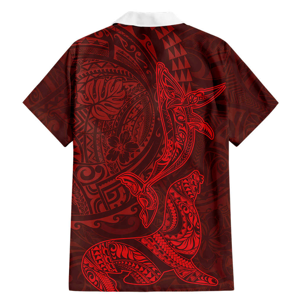 Hawaiian Monk Seal and Whale Family Matching Long Sleeve Bodycon Dress and Hawaiian Shirt Kakau Tribal Pattern Red Color