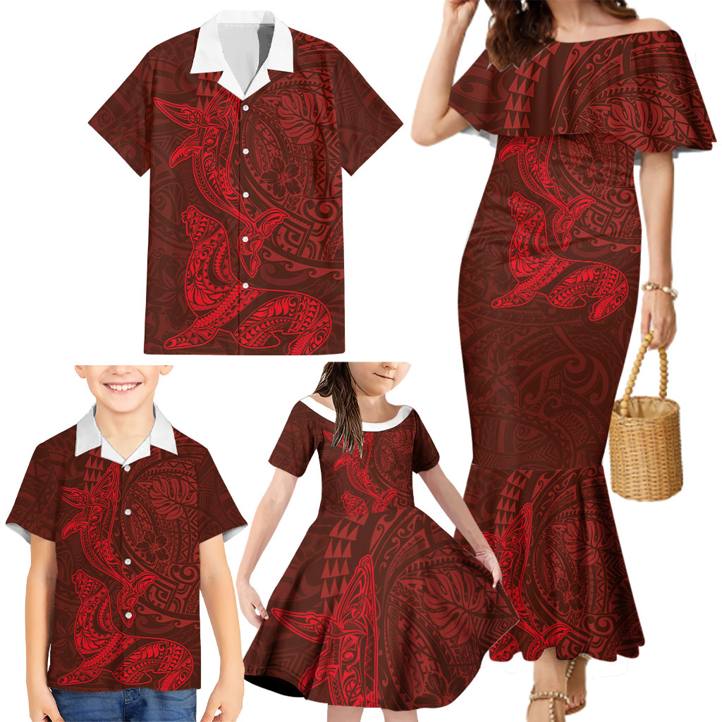 Hawaiian Monk Seal and Whale Family Matching Mermaid Dress and Hawaiian Shirt Kakau Tribal Pattern Red Color