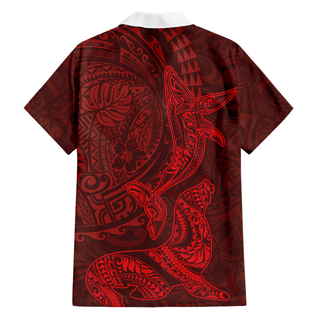 Hawaiian Monk Seal and Whale Family Matching Mermaid Dress and Hawaiian Shirt Kakau Tribal Pattern Red Color