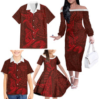 Hawaiian Monk Seal and Whale Family Matching Off The Shoulder Long Sleeve Dress and Hawaiian Shirt Kakau Tribal Pattern Red Color