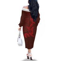 Hawaiian Monk Seal and Whale Family Matching Off The Shoulder Long Sleeve Dress and Hawaiian Shirt Kakau Tribal Pattern Red Color