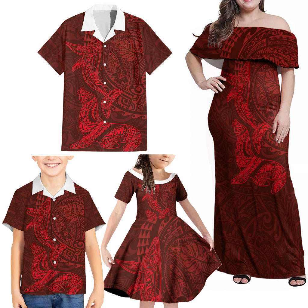 Hawaiian Monk Seal and Whale Family Matching Off Shoulder Maxi Dress and Hawaiian Shirt Kakau Tribal Pattern Red Color
