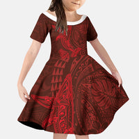 Hawaiian Monk Seal and Whale Family Matching Off Shoulder Short Dress and Hawaiian Shirt Kakau Tribal Pattern Red Color