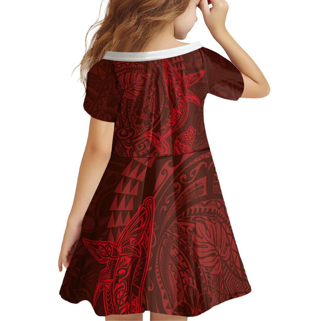 Hawaiian Monk Seal and Whale Family Matching Off Shoulder Short Dress and Hawaiian Shirt Kakau Tribal Pattern Red Color