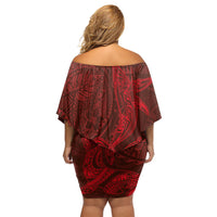 Hawaiian Monk Seal and Whale Family Matching Off Shoulder Short Dress and Hawaiian Shirt Kakau Tribal Pattern Red Color