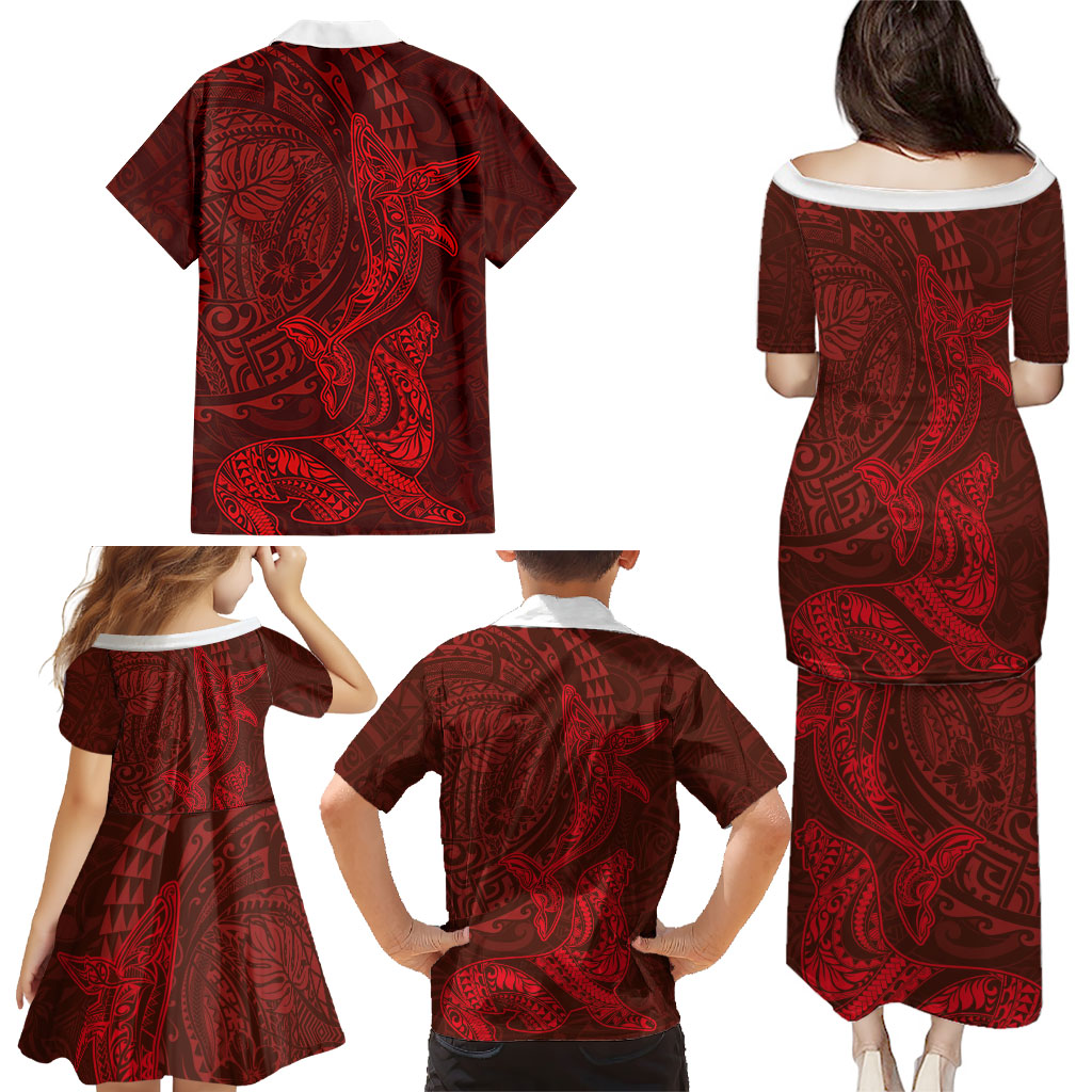 Hawaiian Monk Seal and Whale Family Matching Puletasi and Hawaiian Shirt Kakau Tribal Pattern Red Color
