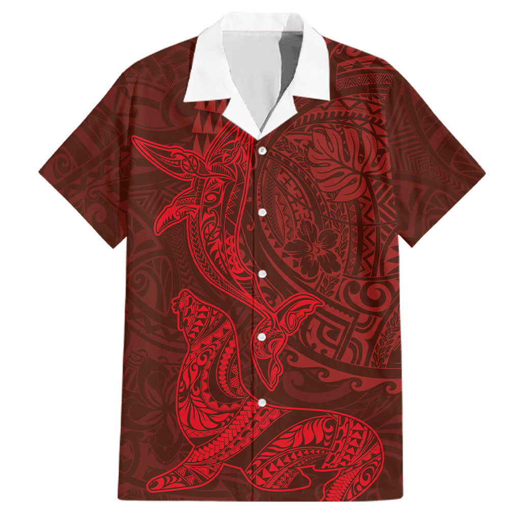 Hawaiian Monk Seal and Whale Family Matching Puletasi and Hawaiian Shirt Kakau Tribal Pattern Red Color
