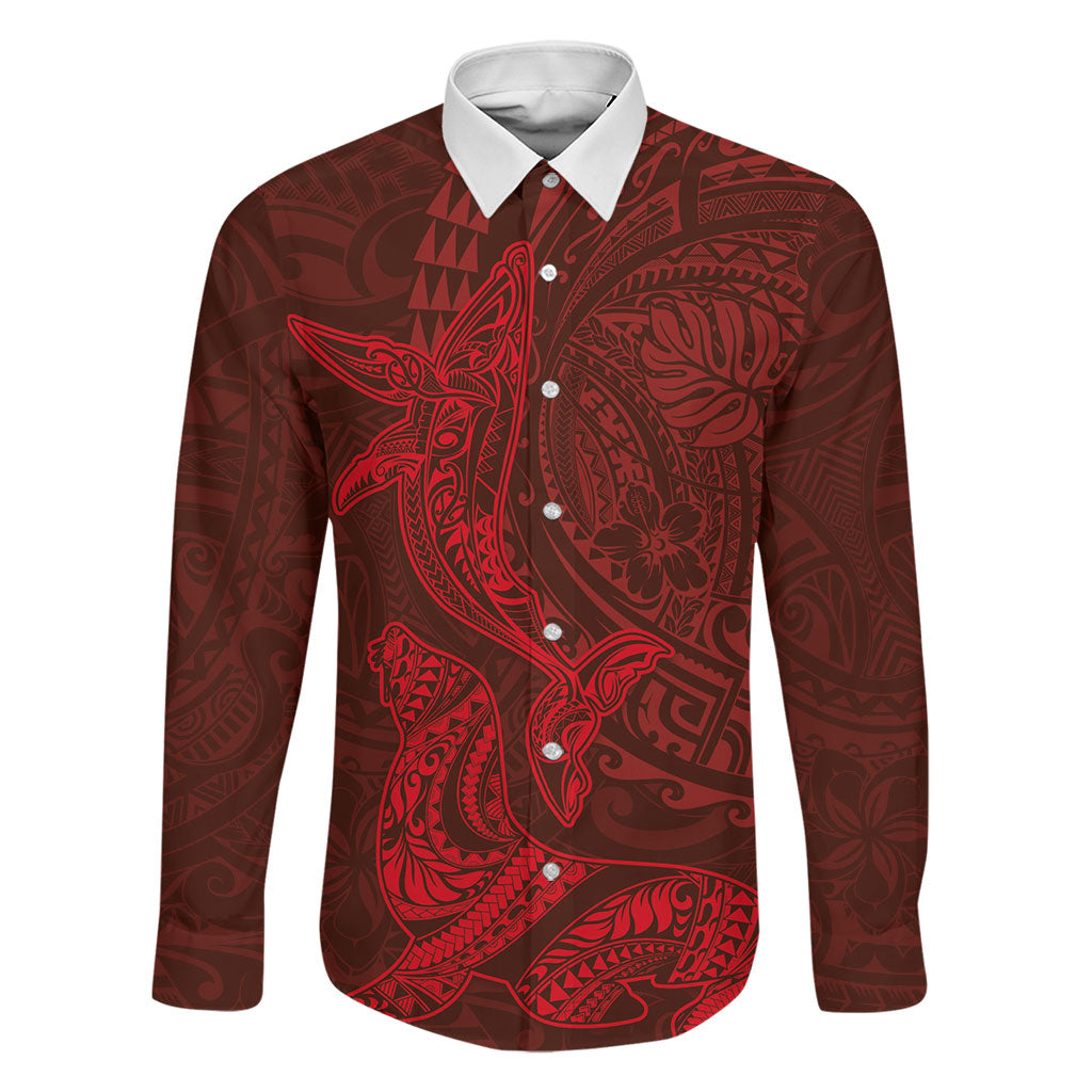 Hawaiian Monk Seal and Whale Family Matching Puletasi and Hawaiian Shirt Kakau Tribal Pattern Red Color