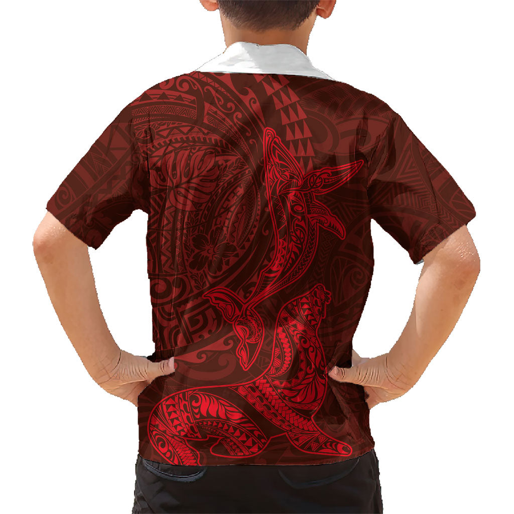 Hawaiian Monk Seal and Whale Family Matching Short Sleeve Bodycon Dress and Hawaiian Shirt Kakau Tribal Pattern Red Color