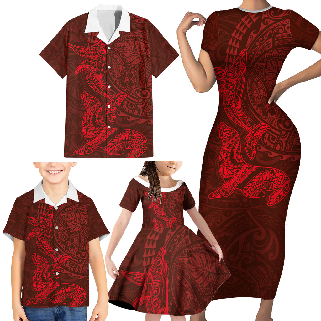 Hawaiian Monk Seal and Whale Family Matching Short Sleeve Bodycon Dress and Hawaiian Shirt Kakau Tribal Pattern Red Color