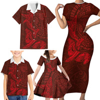 Hawaiian Monk Seal and Whale Family Matching Short Sleeve Bodycon Dress and Hawaiian Shirt Kakau Tribal Pattern Red Color