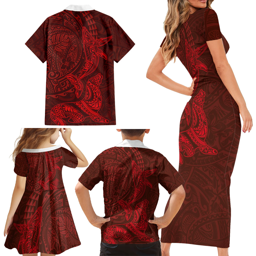 Hawaiian Monk Seal and Whale Family Matching Short Sleeve Bodycon Dress and Hawaiian Shirt Kakau Tribal Pattern Red Color