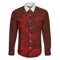 Hawaiian Monk Seal and Whale Family Matching Short Sleeve Bodycon Dress and Hawaiian Shirt Kakau Tribal Pattern Red Color
