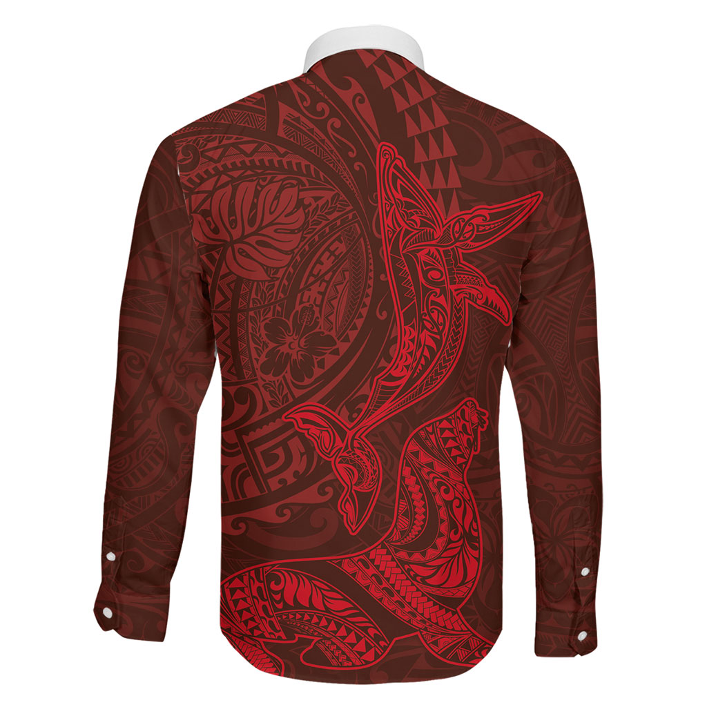 Hawaiian Monk Seal and Whale Family Matching Short Sleeve Bodycon Dress and Hawaiian Shirt Kakau Tribal Pattern Red Color