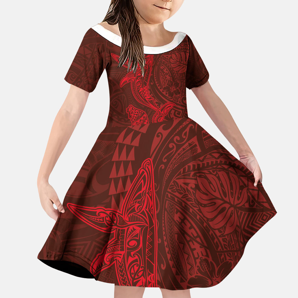 Hawaiian Monk Seal and Whale Family Matching Tank Maxi Dress and Hawaiian Shirt Kakau Tribal Pattern Red Color