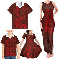 Hawaiian Monk Seal and Whale Family Matching Tank Maxi Dress and Hawaiian Shirt Kakau Tribal Pattern Red Color