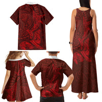 Hawaiian Monk Seal and Whale Family Matching Tank Maxi Dress and Hawaiian Shirt Kakau Tribal Pattern Red Color