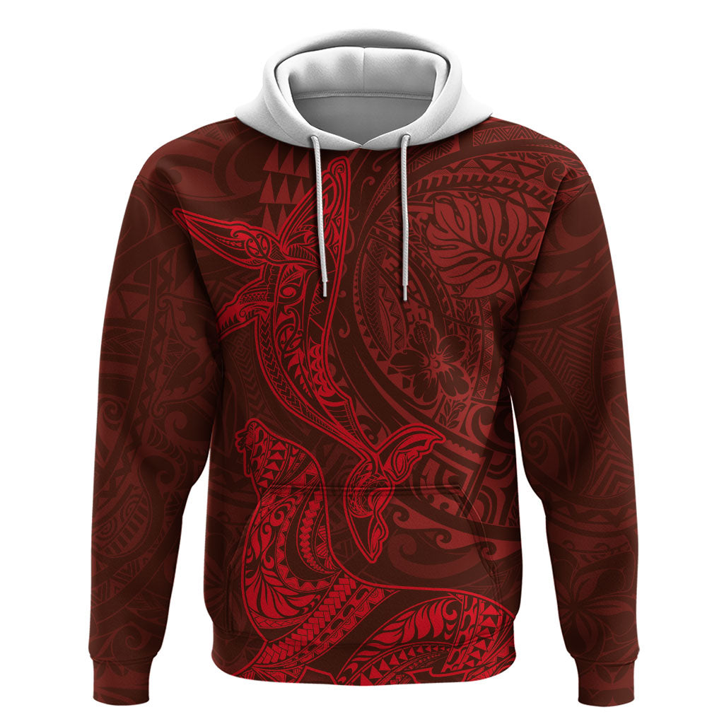 Hawaiian Monk Seal and Whale Hoodie Kakau Tribal Pattern Red Color