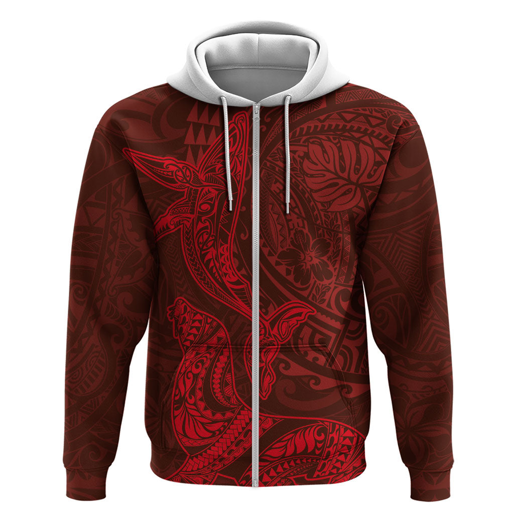 Hawaiian Monk Seal and Whale Hoodie Kakau Tribal Pattern Red Color