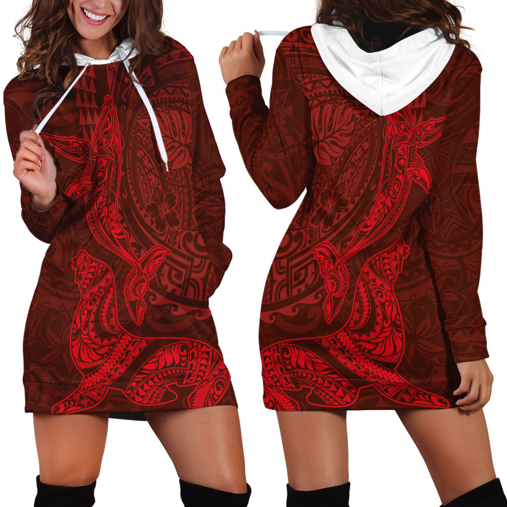 Hawaiian Monk Seal and Whale Hoodie Dress Kakau Tribal Pattern Red Color