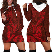 Hawaiian Monk Seal and Whale Hoodie Dress Kakau Tribal Pattern Red Color