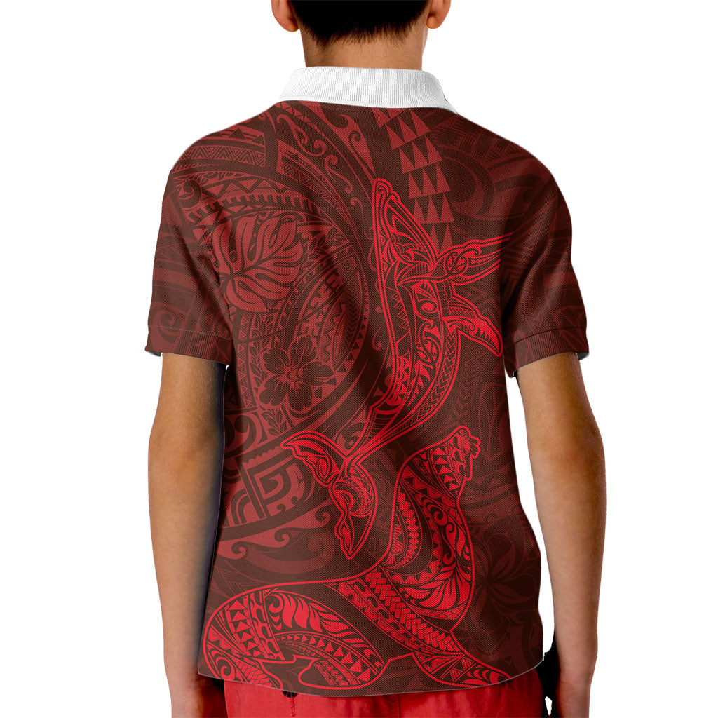 Hawaiian Monk Seal and Whale Kid Polo Shirt Kakau Tribal Pattern Red Color