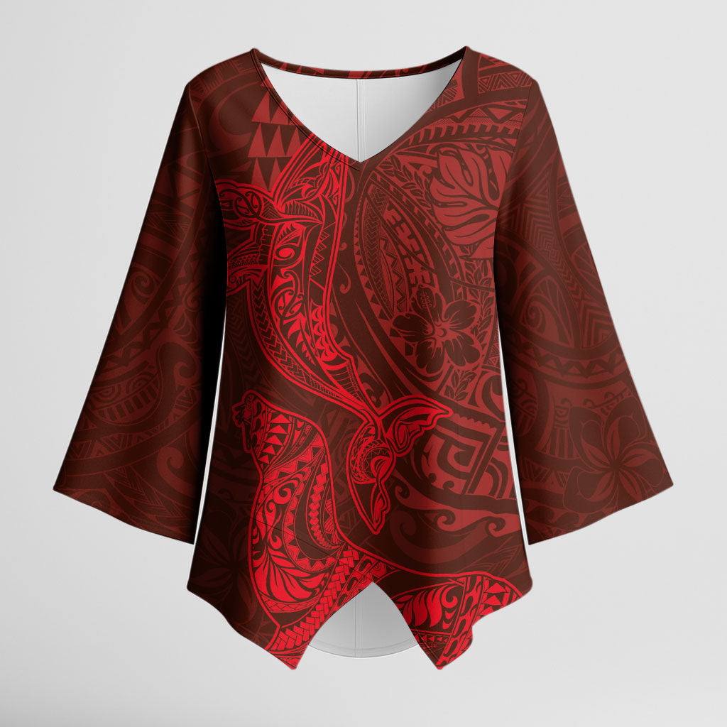 Hawaiian Monk Seal and Whale Kimono Sleeve Blouse Kakau Tribal Pattern Red Color