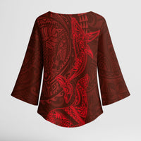 Hawaiian Monk Seal and Whale Kimono Sleeve Blouse Kakau Tribal Pattern Red Color