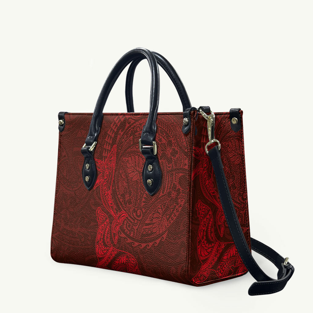 Hawaiian Monk Seal and Whale Leather Bag Kakau Tribal Pattern Red Color