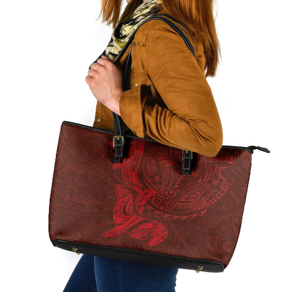 Hawaiian Monk Seal and Whale Leather Tote Bag Kakau Tribal Pattern Red Color
