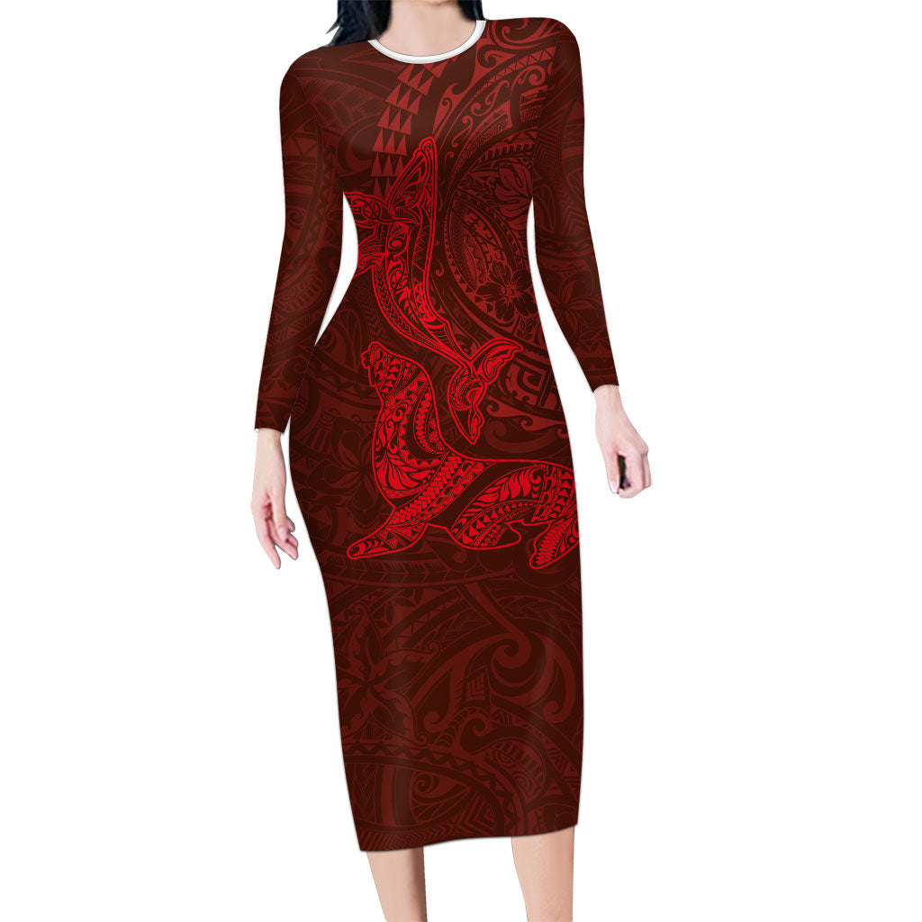 Hawaiian Monk Seal and Whale Long Sleeve Bodycon Dress Kakau Tribal Pattern Red Color LT03 Long Dress Red - Polynesian Pride