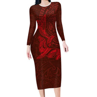 Hawaiian Monk Seal and Whale Long Sleeve Bodycon Dress Kakau Tribal Pattern Red Color LT03 Long Dress Red - Polynesian Pride