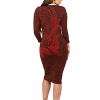 Hawaiian Monk Seal and Whale Long Sleeve Bodycon Dress Kakau Tribal Pattern Red Color LT03 - Polynesian Pride