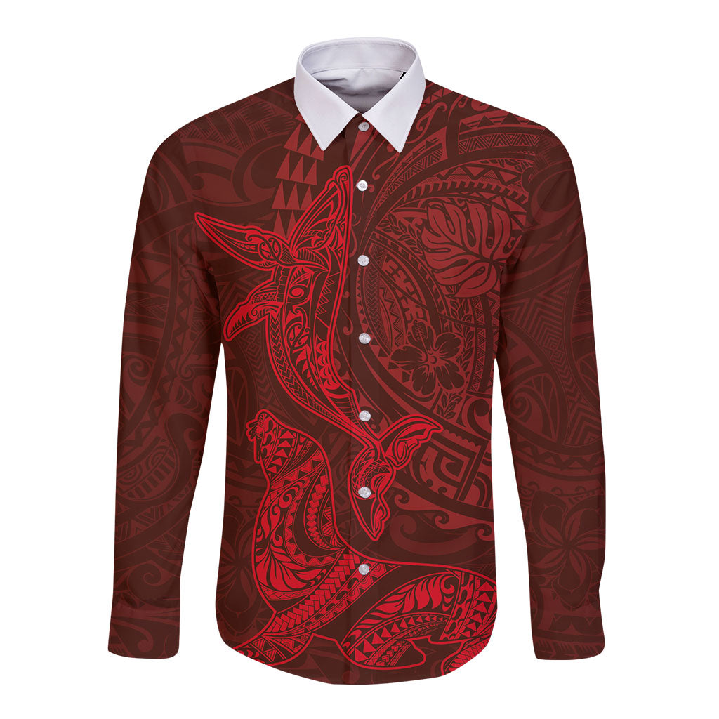 Hawaiian Monk Seal and Whale Long Sleeve Button Shirt Kakau Tribal Pattern Red Color