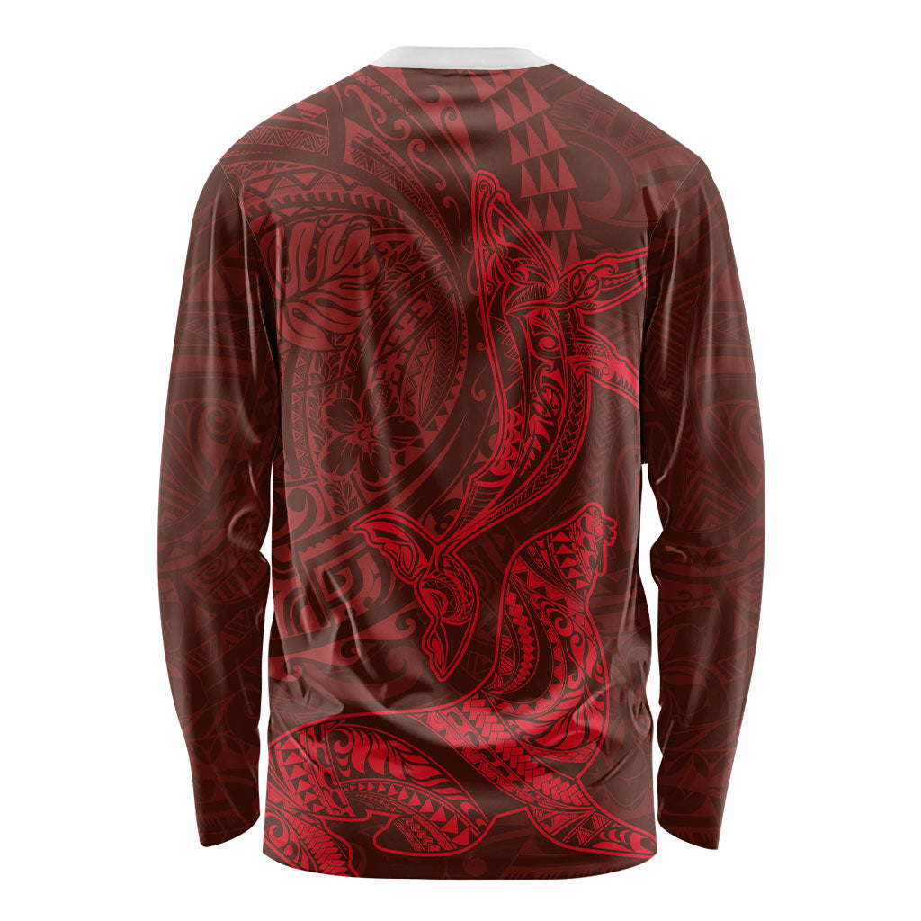 Hawaiian Monk Seal and Whale Long Sleeve Shirt Kakau Tribal Pattern Red Color LT03 - Polynesian Pride