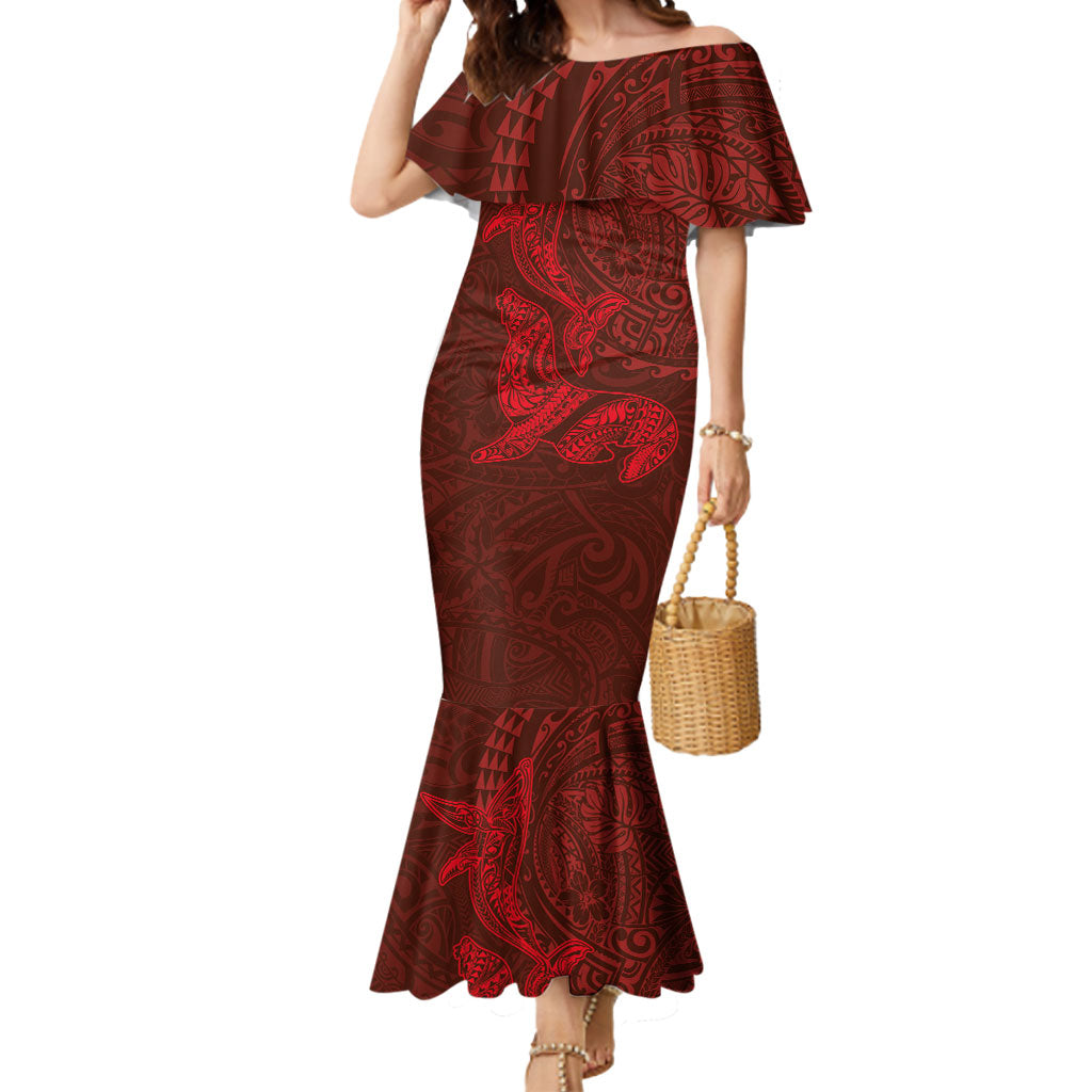 Hawaiian Monk Seal and Whale Mermaid Dress Kakau Tribal Pattern Red Color