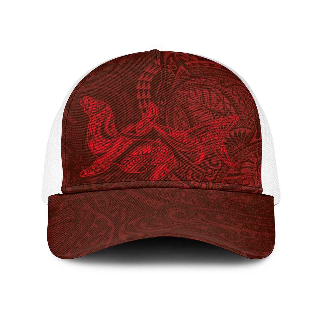 Hawaiian Monk Seal and Whale Mesh Trucker Cap Kakau Tribal Pattern Red Color