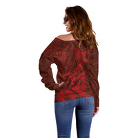 Hawaiian Monk Seal and Whale Off Shoulder Sweater Kakau Tribal Pattern Red Color